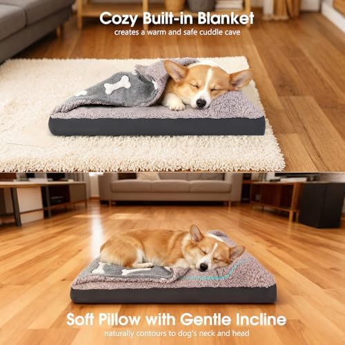 Dog Bed with Cover Pillow Blanket Attached, 30''X20'' Washable Rectangle Hooded Cozy Cave Cat Puppy Calming Crate Bed & Removable Cover, Indoor Covered Kennel Furniture Couch Sofa for Small Medium Pet