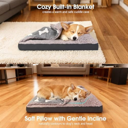 Dog Bed with Cover Pillow Blanket Attached, 30''X20'' Washable Rectangle Hooded Cozy Cave Cat Puppy Calming Crate Bed & Removable Cover, Indoor Covered Kennel Furniture Couch Sofa for Small Medium Pet