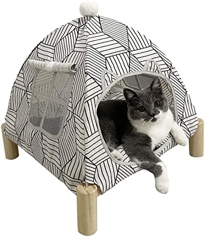 Pozico 2-in-1 Cat Bed Tent with Wooden Frame – Cat Teepee & Hammock, Portable Indoor/Outdoor Pet Tent for Cats, Kittens, Small Dogs, and Small Animals – Quick Assembly, White Diamond Design