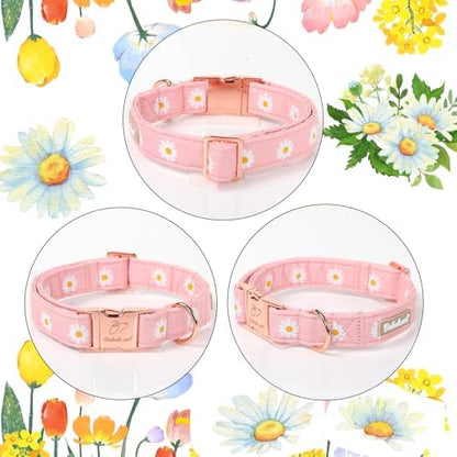 Spring Dog Collar, Cute Pink Daisy Femal Pet Collar with Metal Buckle, Durable Adjustable Designer Dog Collars for Small Medium Large Dogs S