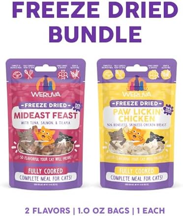 Bundle of Weruva Cat Freeze Dried Foods, Mideast Feast with Tilapia, and Paw Lickin' Chicken with Chicken Breast, 1oz Bags