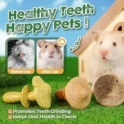 TEEWY 3PCS Guinea Pig Chew Toys, Prevent Teeth Overgrowth, Natural Timothy Grass & Vegetables, Hamster Chew Toys, Guinea Pig Toys, Chinchilla Toys, Mushroom-Shaped