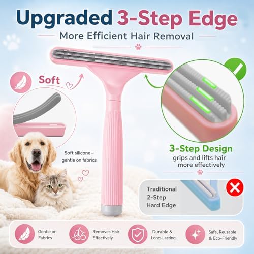 2 Pack Reusable Pet Hair Remover and Fabric Lint Scraper Set, Pink