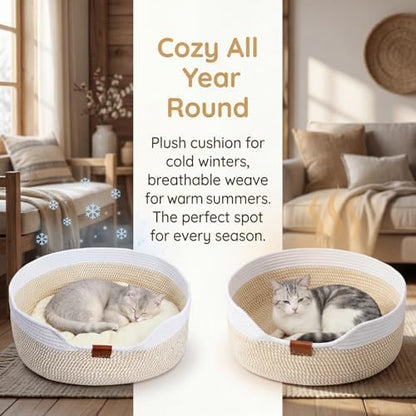 Cat Basket with Cushion, 20 Inch Cotton Rope Pet Sleeping Bed