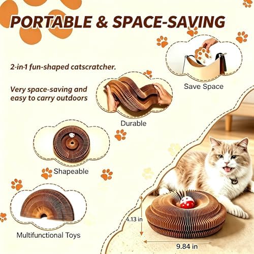 Kitty Curls Cat Toy, Magnetic Magic Organ Cat Scratch Board, Foldable Cat Accordion Toy, Interactive Track Scratcher Pad with Toy Catnip Bell, Durable Eco-Friendly Ring for Play, Chase & Scratch