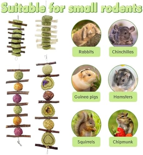 Hamiledyi 4PCS Bunny Chew Toys Rabbit Toys for Teeth Grinding Natural Fruit Sticks Organic Timothy Grass Cakes Chew Toys and Treats for Rabbit Bunny Guinea Pig Hamster Chinchilla