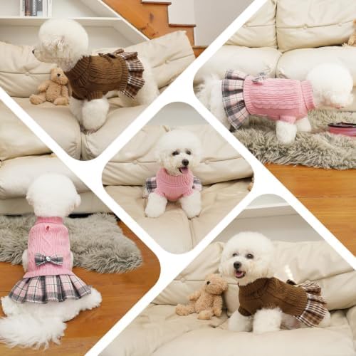 YUDODO Small Dog Sweater Dress with Bowtie Turtleneck - Knitted Pet Clothes