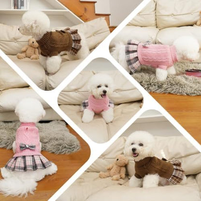 YUDODO Small Dog Sweater Dress with Bowtie Turtleneck - Knitted Pet Clothes