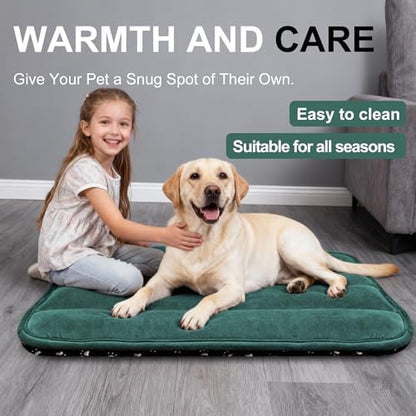 Dog Bed Mat, Reversible Dog Crate Pad with Washable Kennel Mat and Soft Foam, Flat Pet Bed for Dogs & Cats, for Crates Carriers & Travel (Green, 34" L*20" W*1.5" Th)