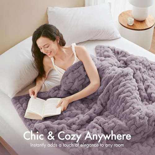 Madison Park Ruched Faux Fur Luxury Throw Lavender 50*60 Premium Soft Cozy Brushed Long Faux Fur For Bed, Coach or Sofa