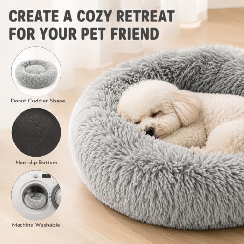 Cat Beds for Indoor Cats, Round Fluffy Cute Small Cat Bed, Washable Anti-Slip Donut Pet Bed, Round Dog Bed for Small Pets (Light Gray)