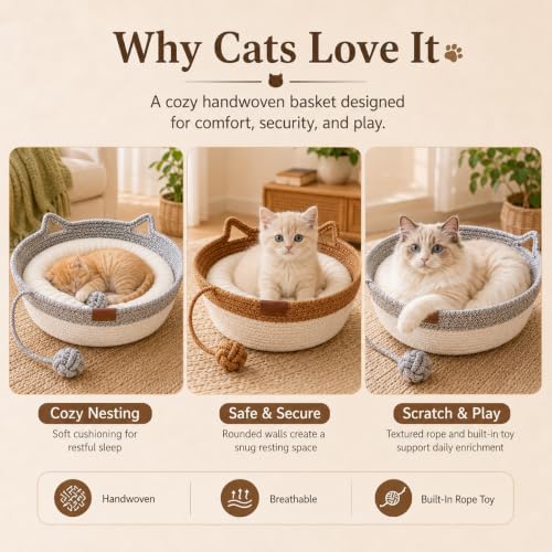Instinct Basket for Cats, Handwoven Cotton Rope Cat Basket Bed with Toy Ball and Cat Ear Handles, Scratchable Breathable Round Woven Cat Basket for Indoor Cats