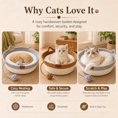 Instinct Basket for Cats, Handwoven Cotton Rope Cat Basket Bed with Toy Ball and Cat Ear Handles, Scratchable Breathable Round Woven Cat Basket for Indoor Cats (Large,Caramel Brown Basic)