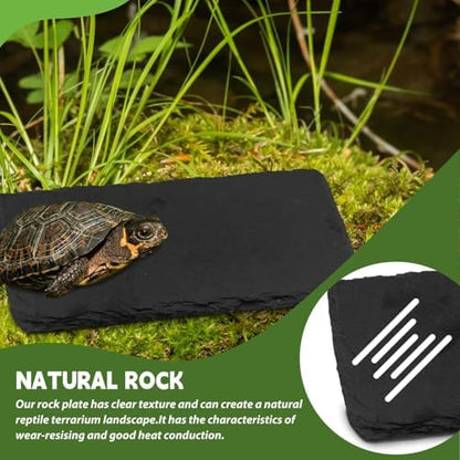 kathson 2 PCS Reptile Basking Platform (15.7 x 11.8 inches), Natural Rock Plate Turtle Food Bowl Feeding Dish Resting Terrace Habitat Decor for Tortoise Turtle Lizard Bearded Dragon Crested Gecko