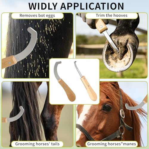 Double Edged Hoof Knife and Bot Egg Knife Set, Stainless Steel Blade with Ergonomic Wooden Handles Professional Equine Care Tools for Horses, Cattle, Goats, and Farm Livestock
