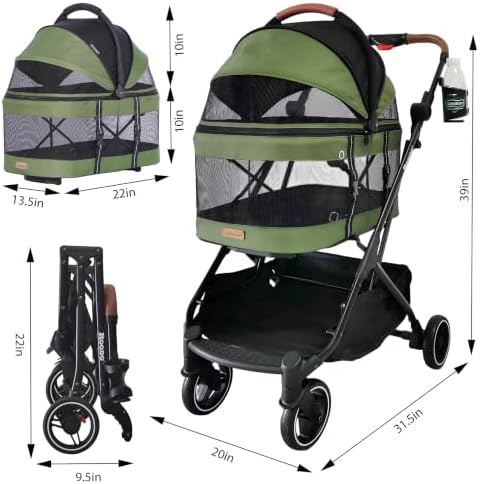 ROODO 2026 Upgraded Version 3-in-1 Dog Cat Stroller with Detachable Carrier Folding Lightweight Portable Travel Pet Gear All-Terrain Puppy Doggie Kitty Bunny Stroller for 35 lbs (Green)