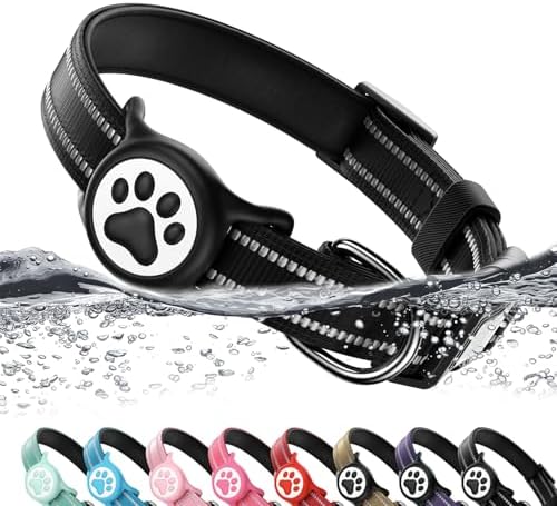 Premium Airtag Dog Collar，with IP68 Waterproof AirTag Holder,Black,L