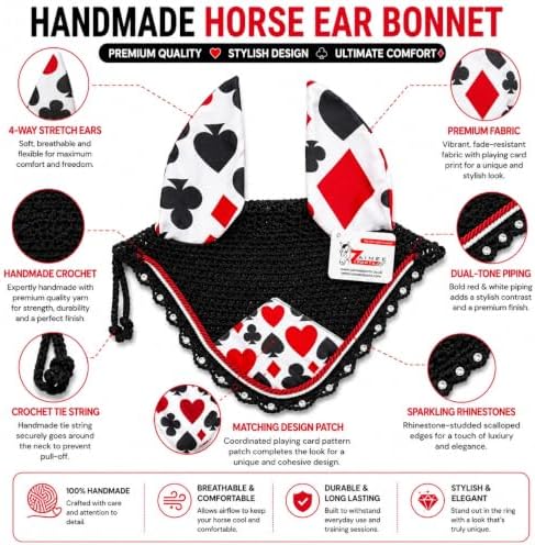 Horse Ear Bonnet for Horses, Floral Print Fly Bonnet with Crystal Edge, Handmade Crochet Fly Veil, Breathable Stretch Ears (Playing Card Print, Extra-Full)