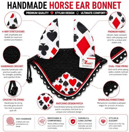 Horse Ear Bonnet for Horses, Floral Print Fly Bonnet with Crystal Edge, Handmade Crochet Fly Veil, Breathable Stretch Ears (Playing Card Print, Extra-Full)