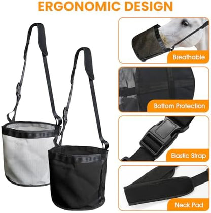 Horse Feed Bag, 2 Pack Heavy Duty Nylon Muzzle Grain Feed Bag with Adjustable Elastic Strap, Mesh Feed Bags with Durable Waterproof Bottom Muzzle Comfort Neck Pad for Horse