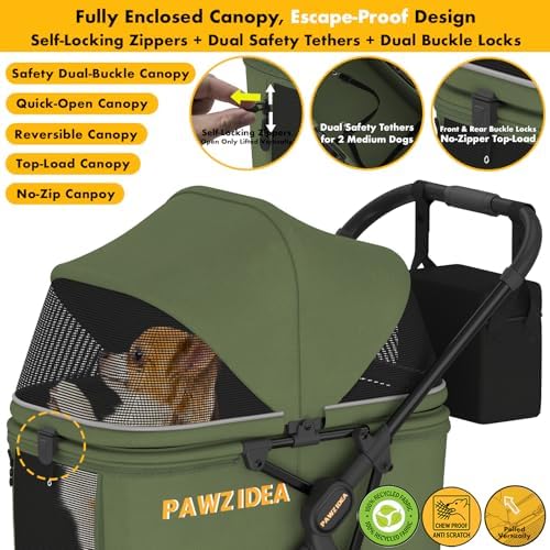 PAWZIDEA Dog Stroller for Large Dogs, No-Zip 180° Canopy, One-Hand Foldable
