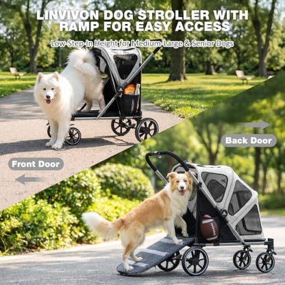 Dog Stroller for Medium Dogs 88lbs with Ramp for Easy Access Foldable, Grey