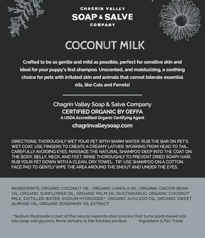 Chagrin Valley Soap & Salve Certified Organic Dog Shampoo and Conditioner – Dog Shampoo Itchy Skin Relief and Puppy Essentials - Natural Handmade Coconut Milk, 3.8 oz Bar