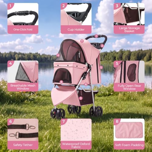 Pet Stroller for Small Medium Cats Dogs, 3-Wheel, One-Click Foldable