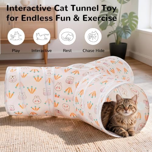 Tempcore Cat Tunnel, 3-Way Collapsible Toy for Indoor Cats, Pink Rabbit