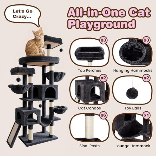 SHA CERLIN 82 inch Cat Tree Tower, Multi-Level Cat Condo with Plush Perches, Sisal Scratching Posts, Hammock and Toys, Stable Cat Tower for Kittens and Adult Cats, Dark Grey