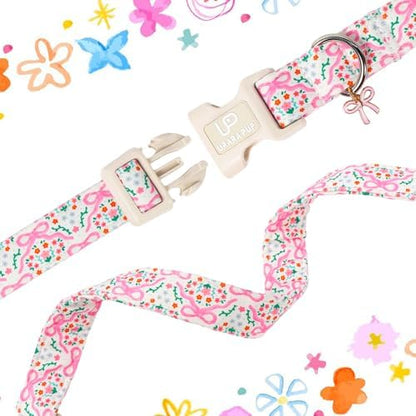 Cute Floral Cotton Dog Collar with Pink Bow Charm, Soft Adjustable Puppy Collar with Durable Quick Release Buckle for Small Medium Dogs Girl Pets