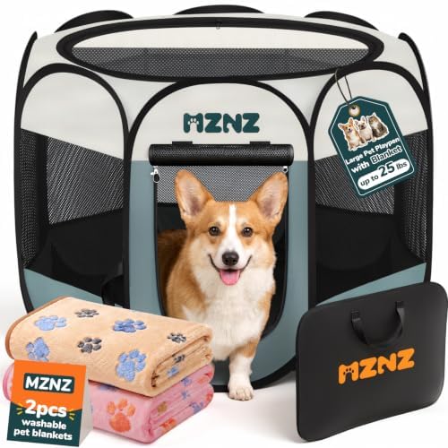 Dog Cat Small Animal Puppy Playpen Crate with 2 Blankets, Medium, Grey