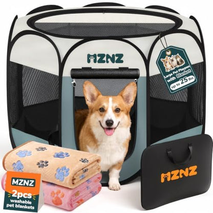 Dog Cat Small Animal Puppy Playpen Crate with 2 Blankets, Medium, Grey