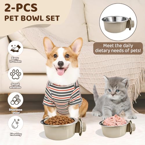 2Pcs Pets Lightweight Stainless Steel Bowl,Removable Stainless Steel Pet Hanging Food Water Feeder Bowl for Puppy Dog Cat Rabbit Ferret Bird Gunea Pigs (Gray-Small)