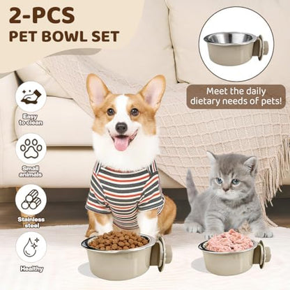 2Pcs Pets Lightweight Stainless Steel Bowl,Removable Stainless Steel Pet Hanging Food Water Feeder Bowl for Puppy Dog Cat Rabbit Ferret Bird Gunea Pigs (Gray-Small)