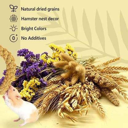 Natural Hamster Flower & Herb Habitat Deocr, Edible Hamster Sprays Flowers Bedding Mate, Hamsters Cage Enrichment Decoration Accessories for Gerbil Dwarf Syrian Hamsters Guinea Pig Mice