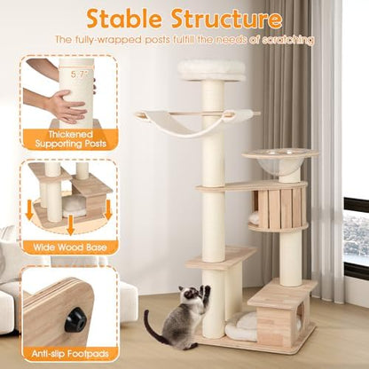 PETSITE 69 Inch Tall Wood Cat Tree, Multi-Level Modern Cat Tower with 5.7 inch Scratching Posts, Double Cat Condos, Space Capsule, Hammock, Large Wooden Cat Tree Tower for Indoor Cats, Natural