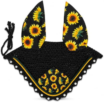 Horse Ear Bonnet for Horses, Sunflower Print Fly Bonnet with Crystal Edge, Handmade Crochet Fly Veil, Breathable Stretch Ears (Black - Sunflower, Pony)