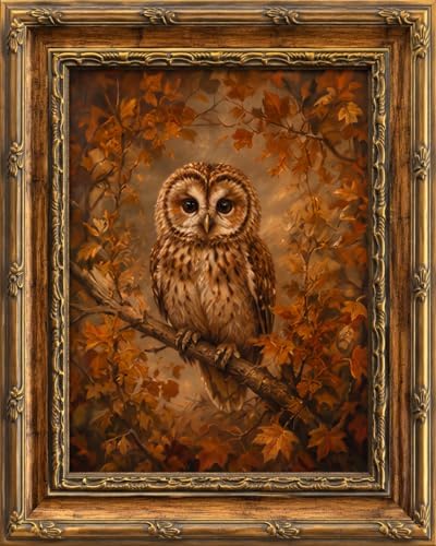 Framed Vintage Style Wall Art Rustic Forest Animal Elegant Owl Canvas Print Poster Farmhouse style artwork suitable for bedroom or living room 12x16 inches designed for wall hanging or tabletop display