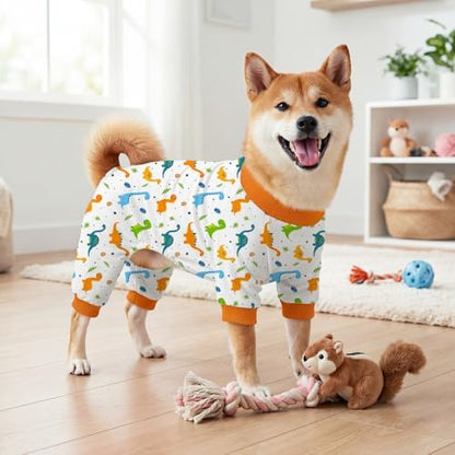 Dog Pajamas for Small Medium Dogs Pjs Orange Dinosaurs Dog Onesie Breathable Puppy Pj Pet Stretchy Soft Sleepwear for Spring Summer Costume-M
