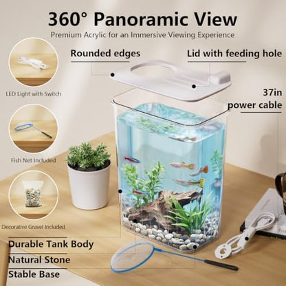 1 Gallon Betta Fish Tank Aquarium Starter Kit with Light and Lid(White)