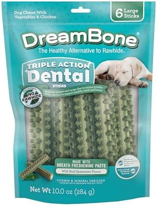 Dreambone Triple Action Dental Sticks Kelp, 6 Count, Rawhide-Free Chews for Large and XL Sized Dogs Freshens Breath