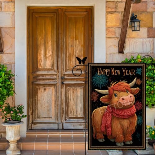 Happy New Year Garden Flag 12x18 Double Sided Vertical Linen Small Fireworks Highland Cow House Flag Welcome Holiday Winter House Outdoor Outside Decorations (27165)