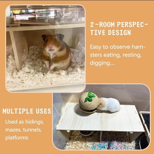 Hamiledyi Wooden Hamster Tunnel 2-Chamber Hideout Tunnel Multi Chamber Exploring Toy Platform 11 x 5.3 x 4.3 Cage Accessories for Syrian Hamsters Rat Mice
