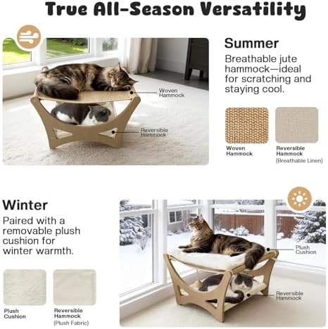 Double-Layer Cat Hammock Bed, Wooden Elevated Cat Beds with Natural Sisal Scratching Mat, Cats Scratcher Bed with Removable Soft Cushion, Cats Scratching Beds with Wood Frames