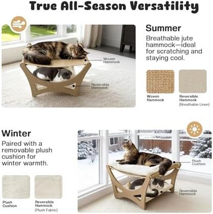 Double-Layer Cat Hammock Bed, Wooden Elevated Cat Beds with Natural Sisal Scratching Mat, Cats Scratcher Bed with Removable Soft Cushion, Cats Scratching Beds with Wood Frames