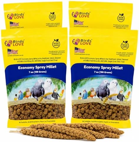 Birds LOVE® Economy Spray Millet for Birds, 7 oz, GMO-Free Natural Bird Treat, Stem-Reduced Millet Tops, USA Grown Spray Millet for Parakeets, Cockatiels, Lovebirds, Finches, Canaries -Pack of 4