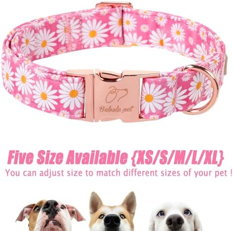 Pink Daisy Dog Collar, Cute Spring Flower Female Pet Collar with Metal Buckle, Soft Adjustable Designer Dog Collars for Small Medium Large Dogs S