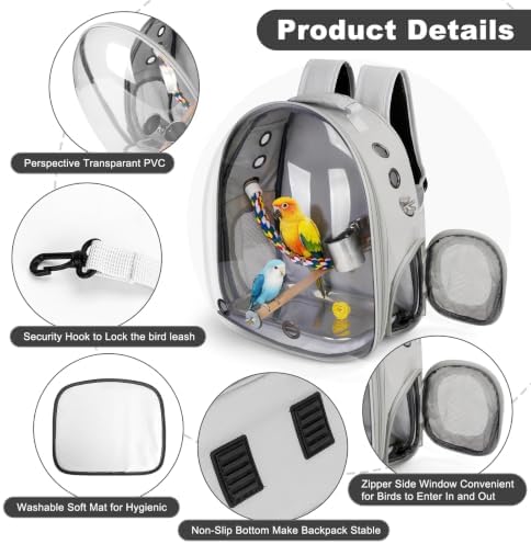Bird Travel Carrier, Bird Backpack Cage with Rope & Wood Perches Tray Food Bowl, Portable Clear Bubble Window Breathable Mesh Bag for Small Medium Parrots Cockatiel Parakeet Budgies Conures Lovebirds