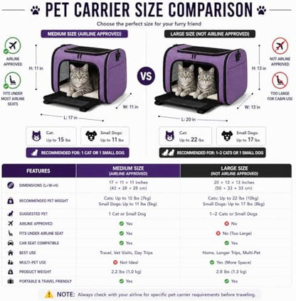 Large Pet Carrier for Cats and Small Dogs, Soft-Sided Travel Carrier with Safety Leash, Scratch-Resistant Mesh, Reinforced PVC Support Base, Foldable Design, 20 x 13 x 13 Inches